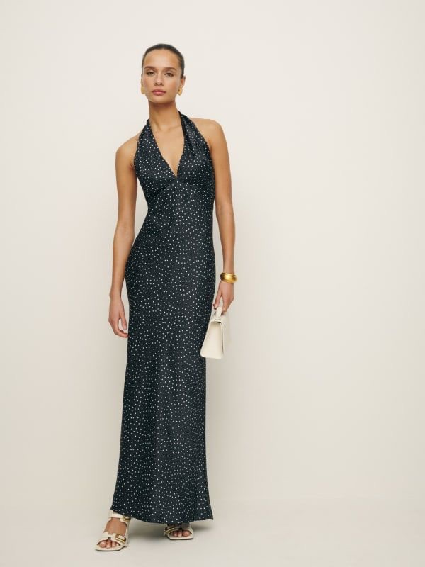 Reformation Daniela Silk Polka Dot Black Maxi Dress 6